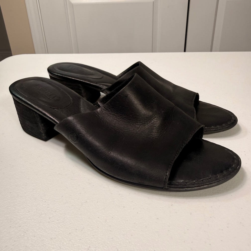 Born Black Leather Slide Sandals Open Toe Block Heel Mules F38309 Size 11M